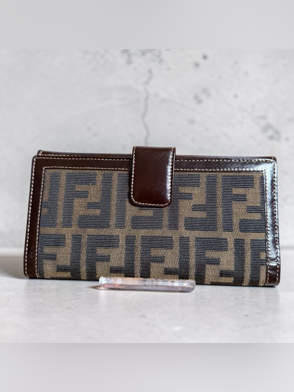 Fendi Zucca Continental Wallet/Tobacco Brown Monogram Canvas & Dark Leather Trim
